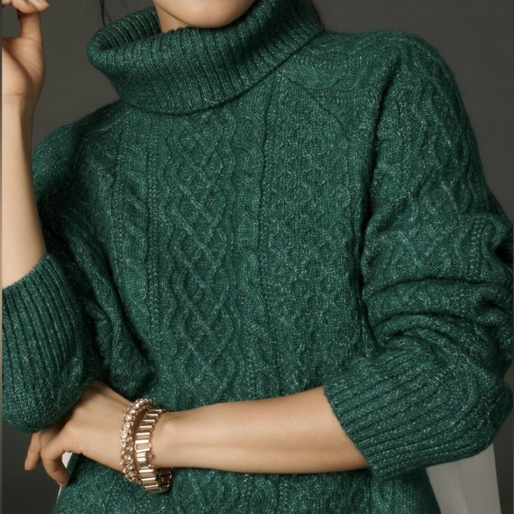 Anthropologie Green Cableknit Turtleneck Sweater Mixed Media Size Small - Picture 2 of 11